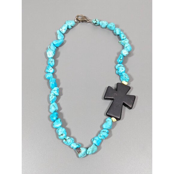 Beachy Coastal Blue Stone Faux Turquoise Black Cross Necklace Bold 20 in - Picture 2 of 12